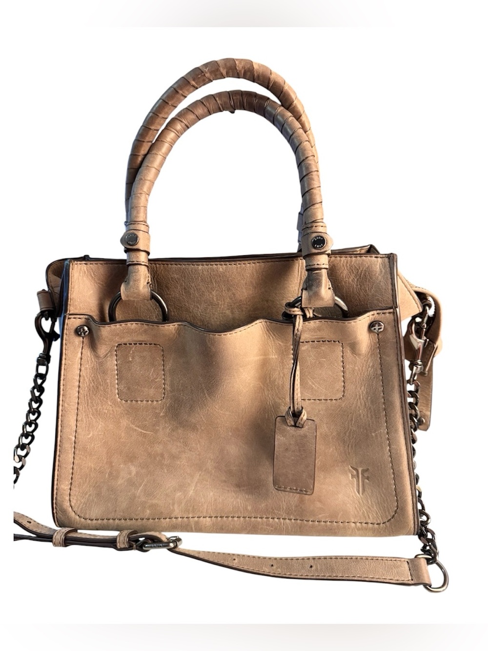 Frye Demi Leather Satchel Crossbody Bag Boho Taupe Gray Like New with Care Tags